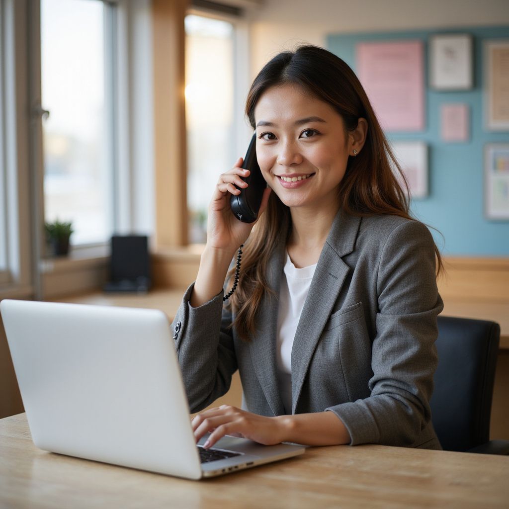 Woman in gray blazer smiling, holding phone, typing on laptop in office setting.