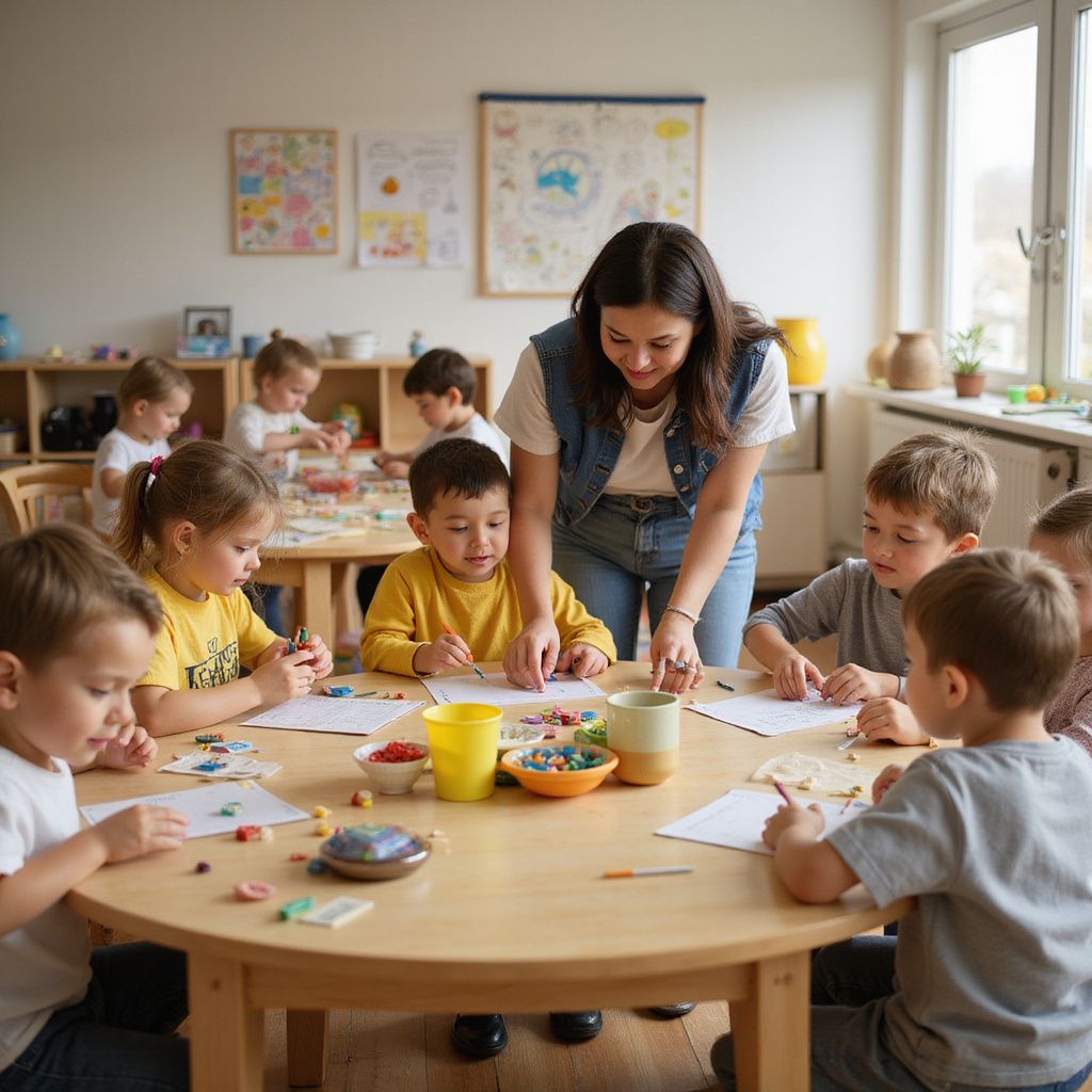 Teacher assisting children at a circular table in a classroom with art supplies.