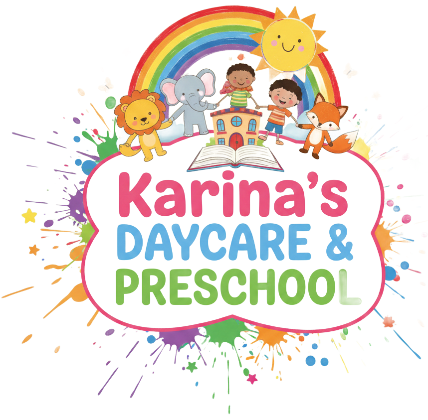 Logo for Karina's Daycare & Preschool, with colorful design: rainbow, sun, animals, children, and building.