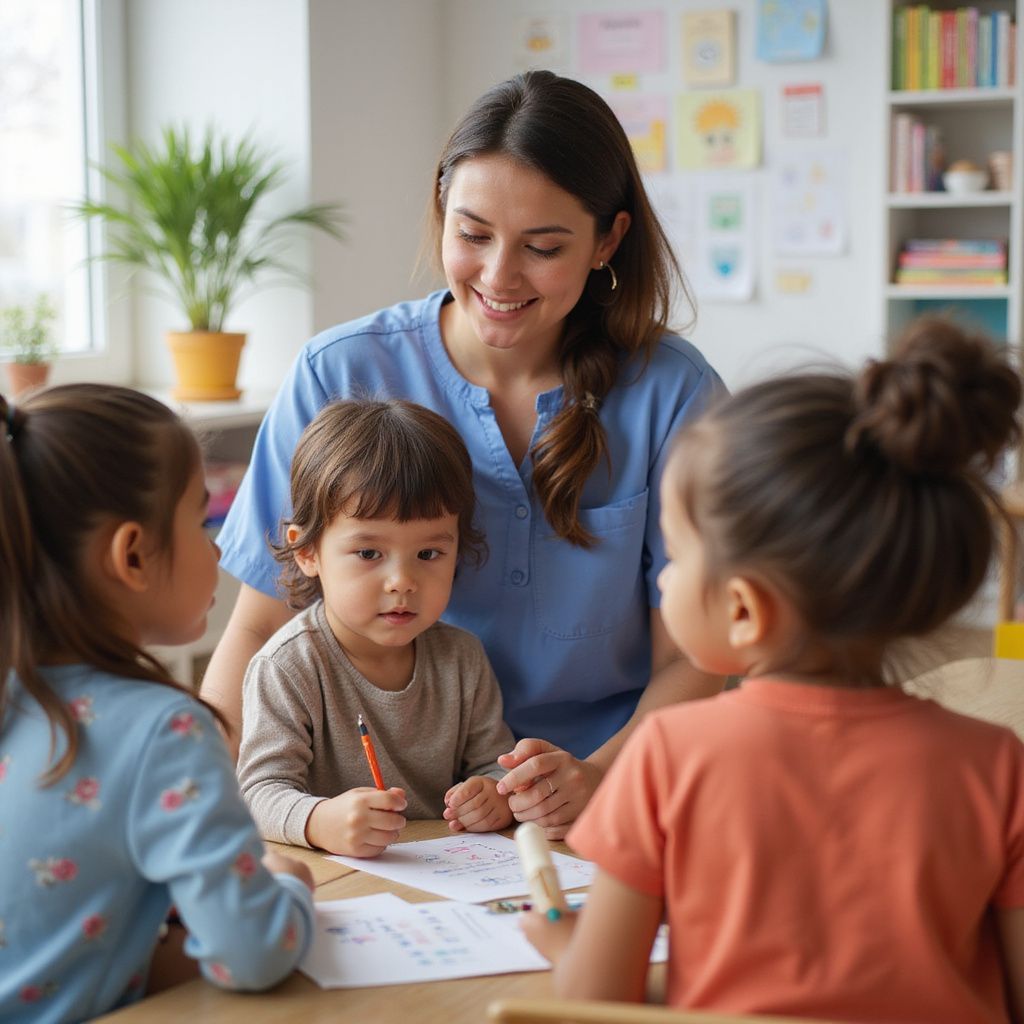 Teacher with three young children, all at a table, drawing in a classroom.