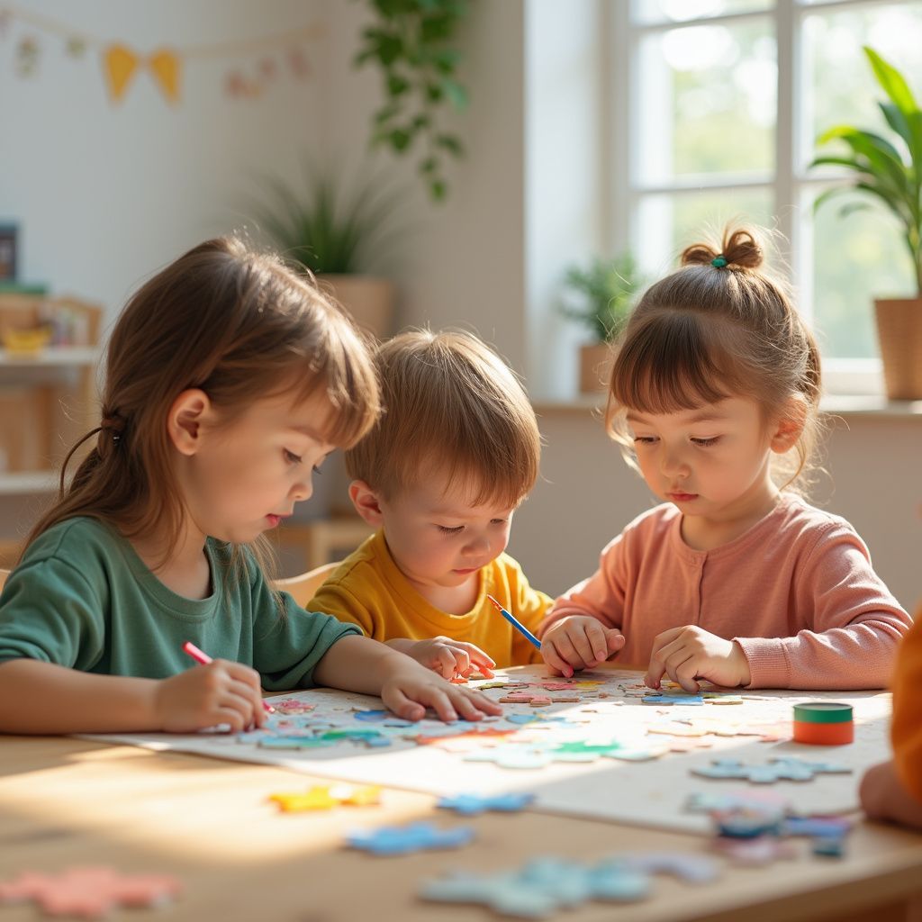 Three young children, focused, coloring a picture together at a table in a brightly lit room.