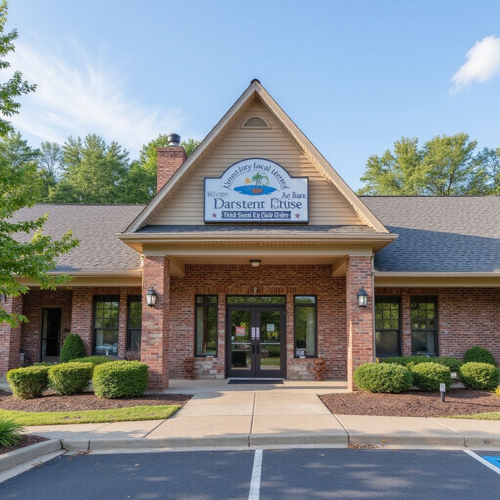 Exterior of a daycare center with red brick and a sign that reads 
