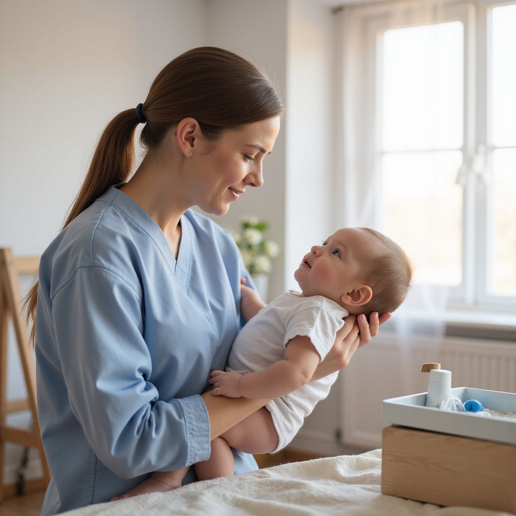 Woman in blue scrubs holds a baby, looking at it with affection near a window.