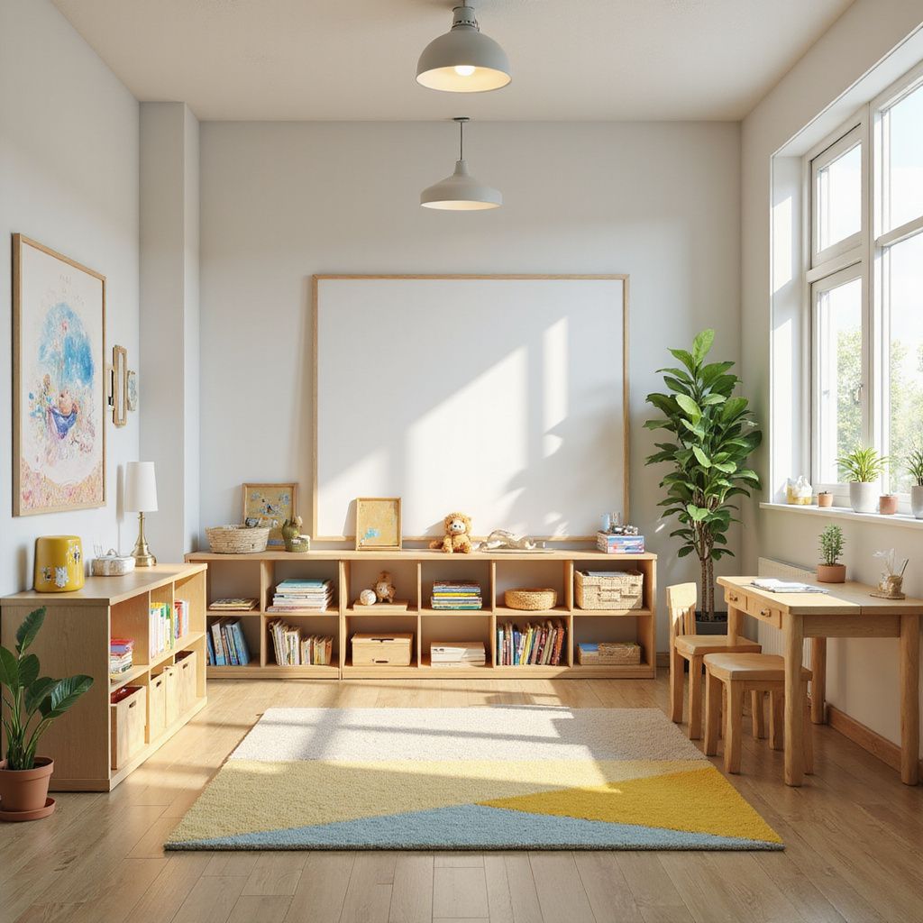 Bright playroom with wooden furniture, books, toys, and a large window. A blank white board hangs on the wall.