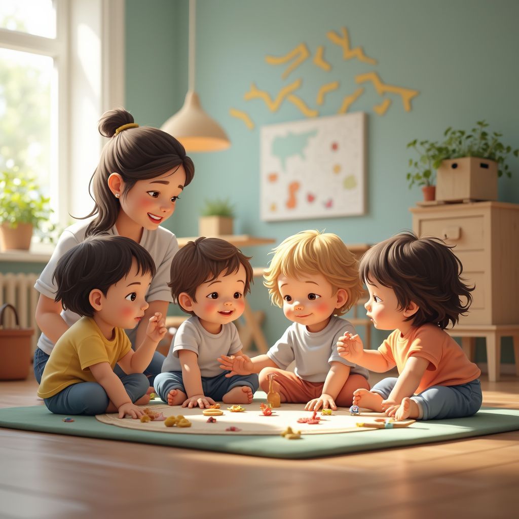 A caregiver and four children sit on a mat playing with toys in a brightly lit room.