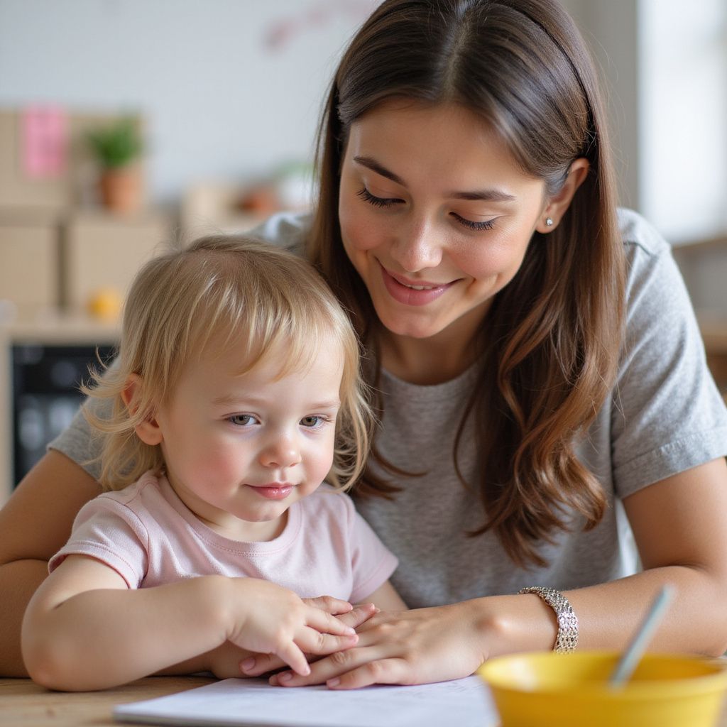 Woman and toddler looking at a paper, smiling. A yellow bowl is on the table.