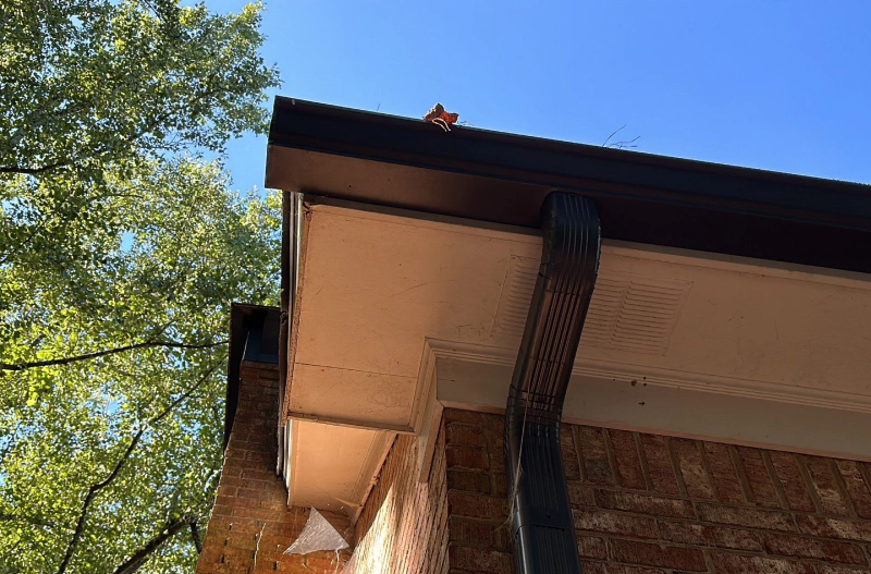 Brown roof gutter and downspout on a brick building with a blue sky background.