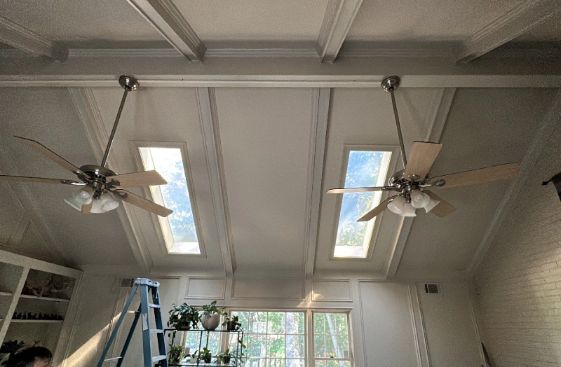 Two ceiling fans hang from a white paneled ceiling with skylights.