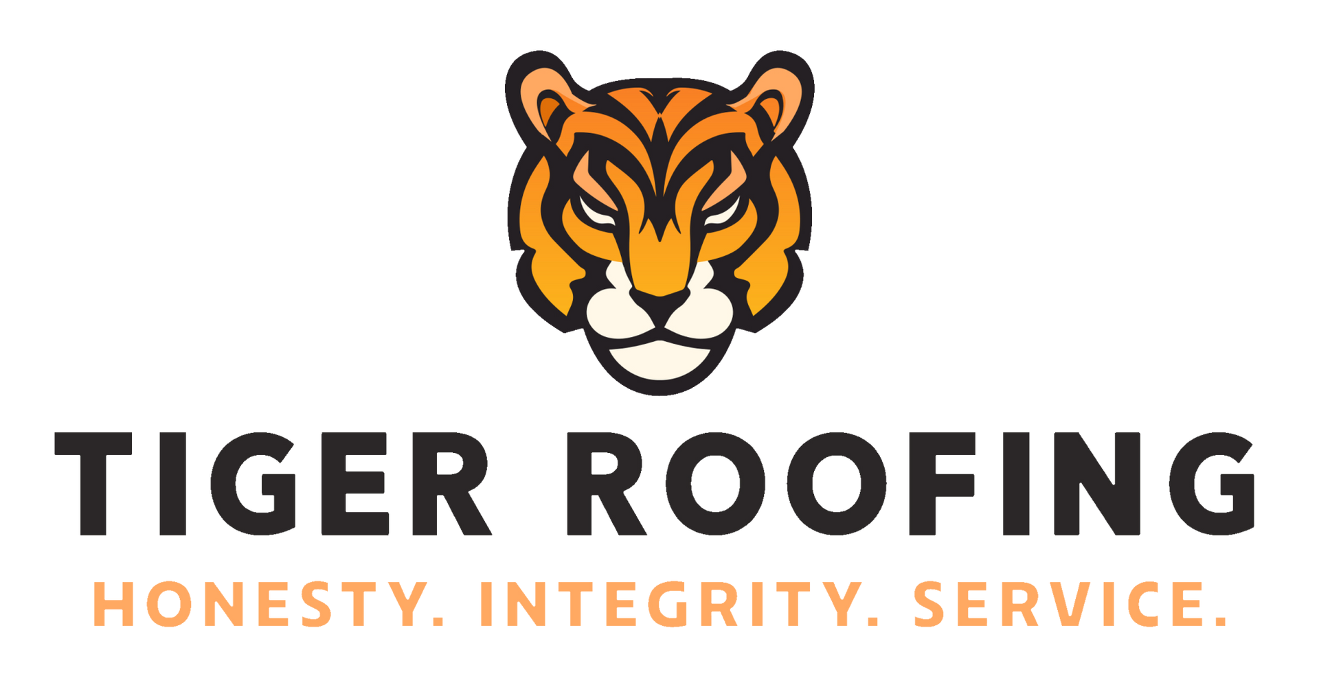 Tiger Roofing logo with a tiger head, "HONESTY. INTEGRITY. SERVICE." tagline.