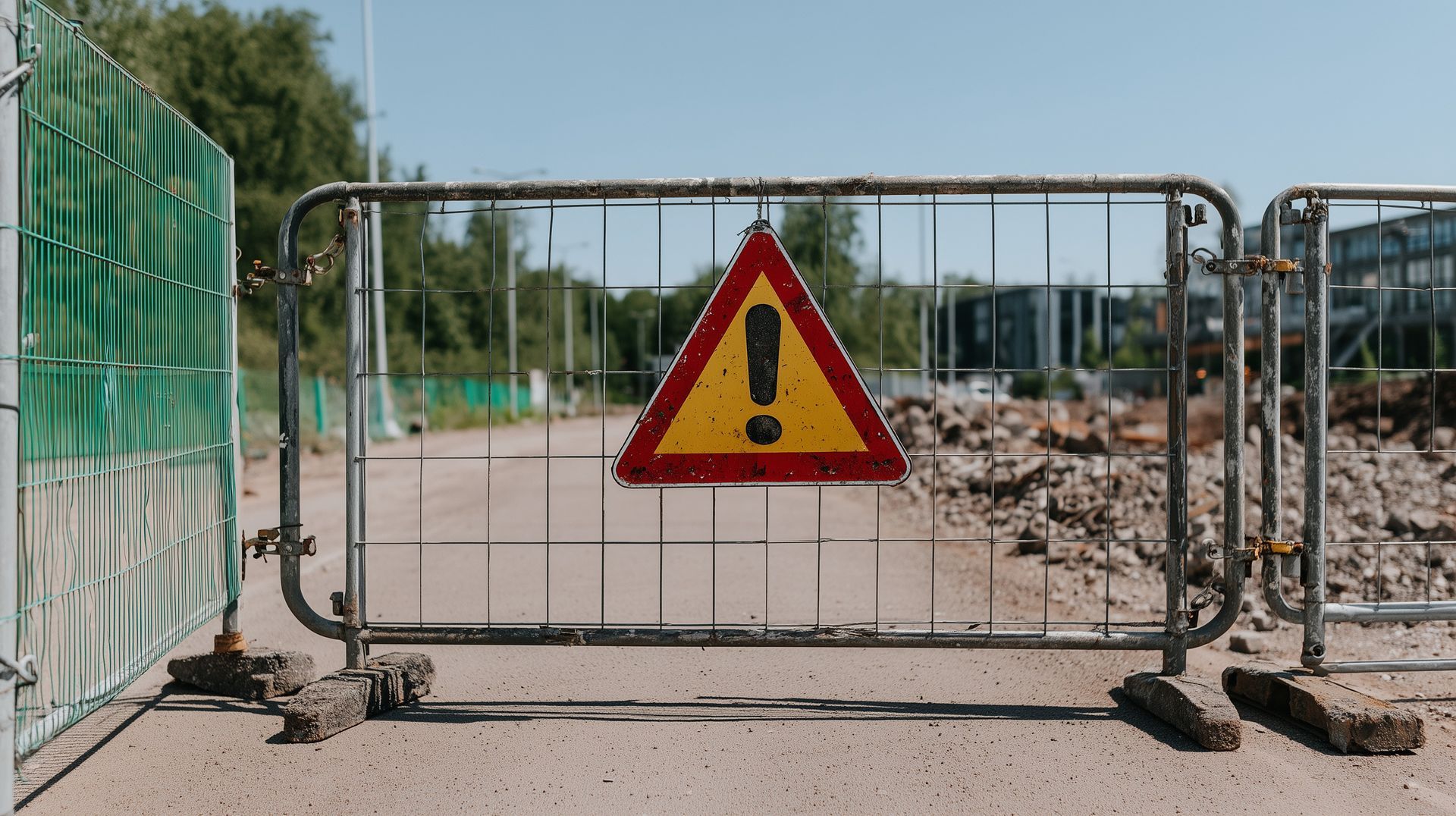 Safety warning sign on a temporary construction fence, signaling hazards in the area.