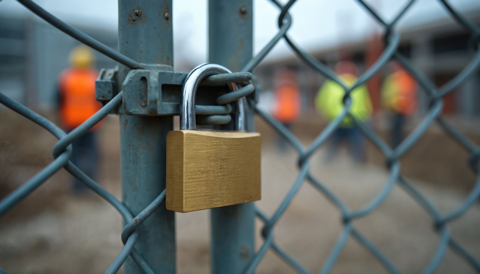 A padlock securing a chain link fence, a common security measure for construction sites.
