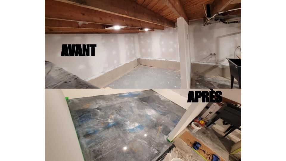Une photo avant et après d'un sous-sol en cours de rénovation.