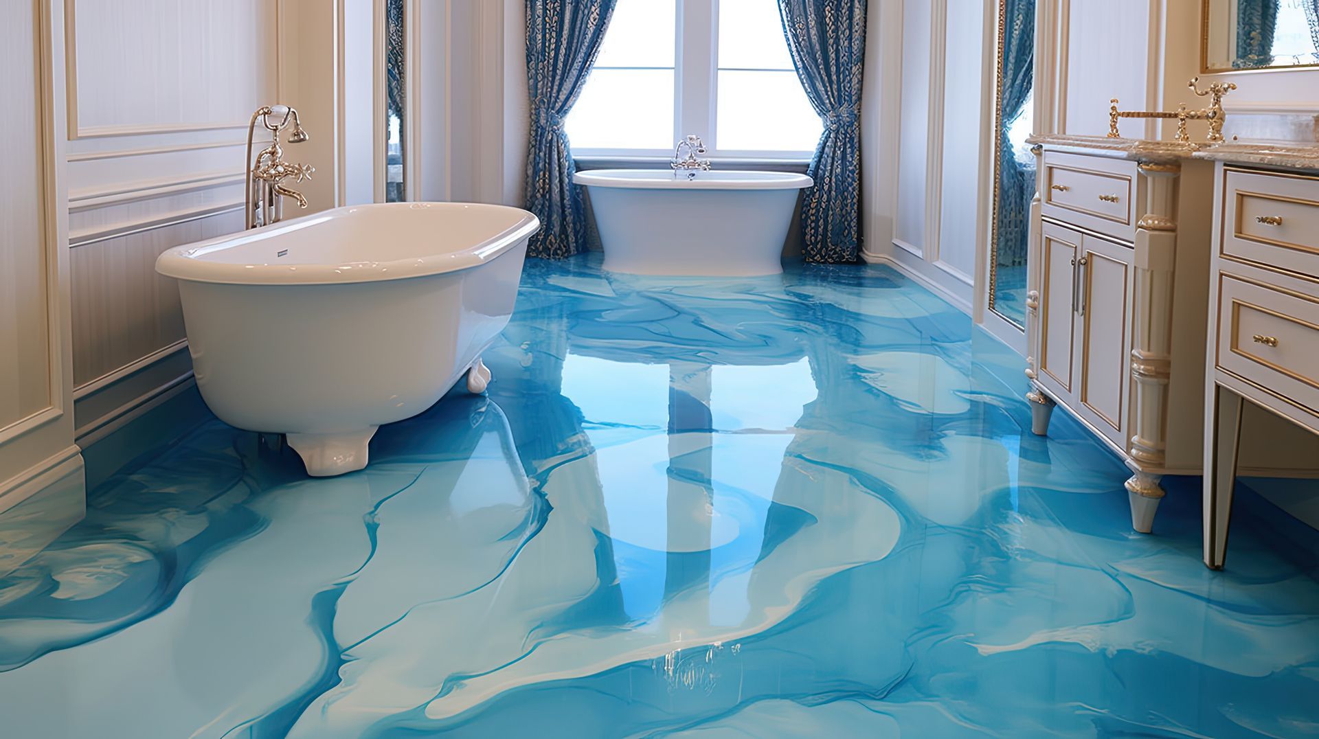 Une salle de bain avec baignoire, lavabo et sol bleu.