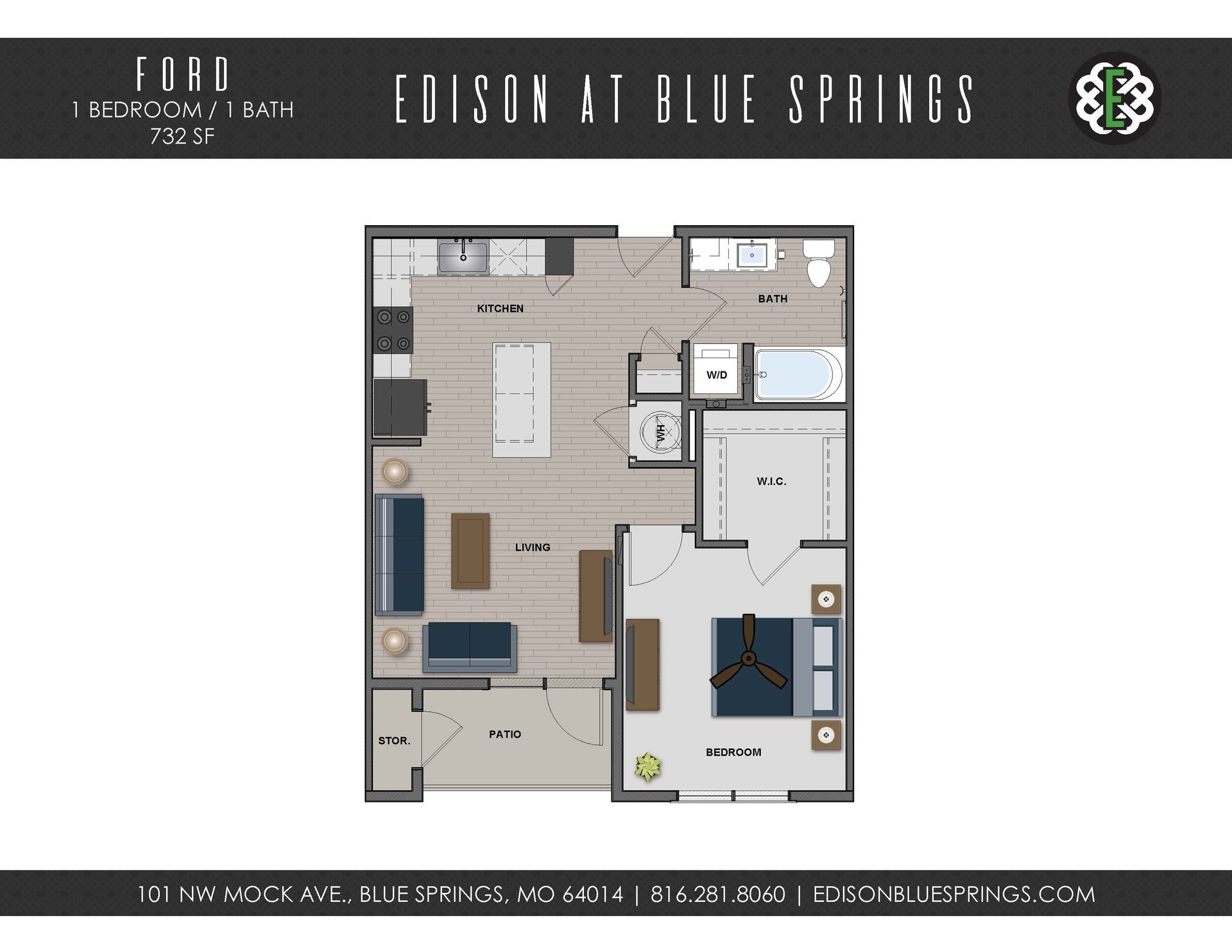 A floor plan of a one bedroom apartment at edison at blue springs