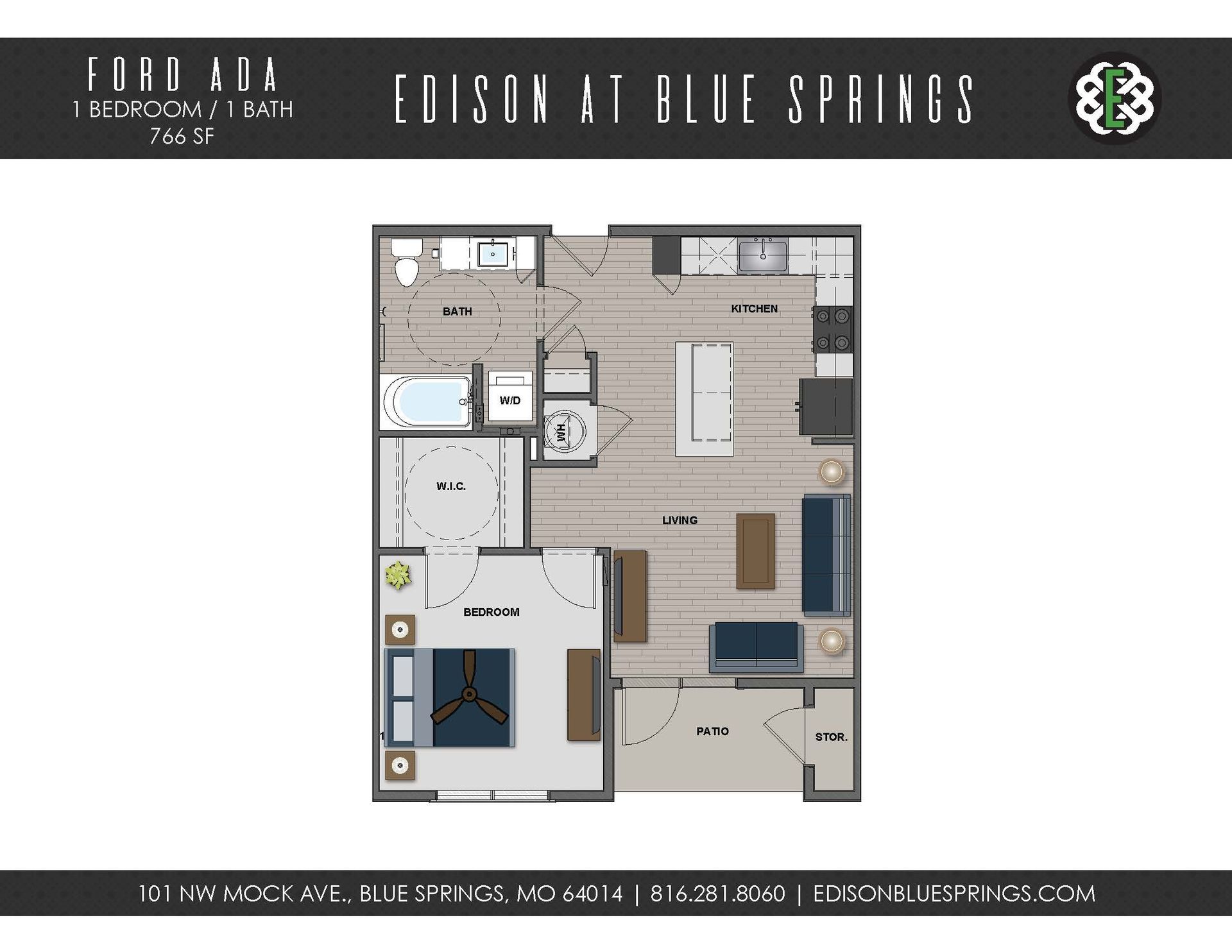 A floor plan of a one bedroom apartment at edison at blue springs.