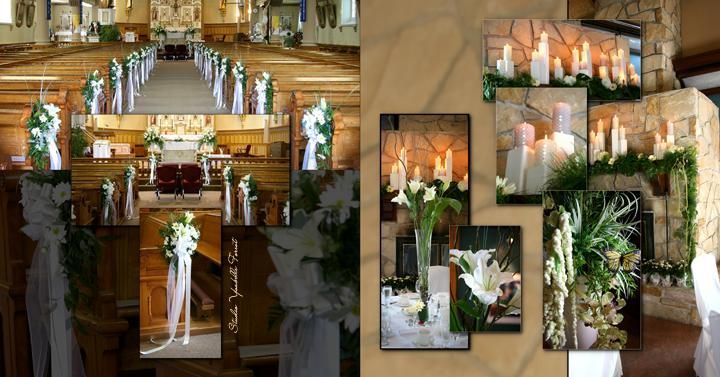 Un collage de photos d'une église décorée pour un mariage