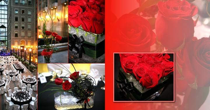 Un collage d'images de roses rouges sur fond rouge.