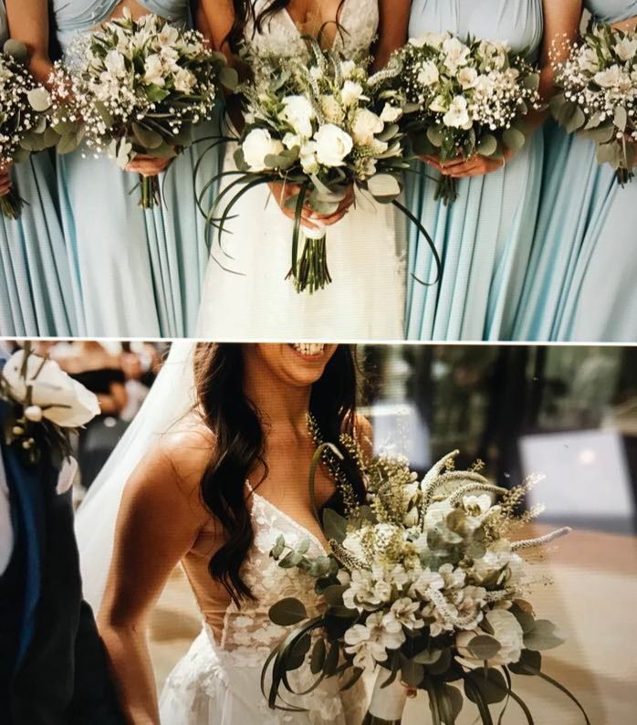 Une mariée et ses demoiselles d'honneur tiennent des bouquets de fleurs blanches