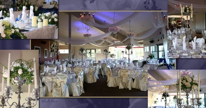 Un collage de photos d'une réception de mariage avec tables et chaises