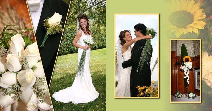 Un collage de photos d'une mariée et d'un marié le jour de leur mariage