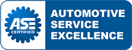 ASE Certified logo. Blue and white design with gear around 