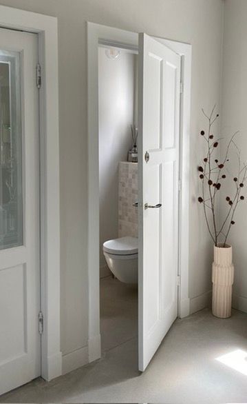 Een witte deur staat op een kier en geeft toegang tot een toilet ruimte met een wit toilet en een neutraal ingerichte ruimte.