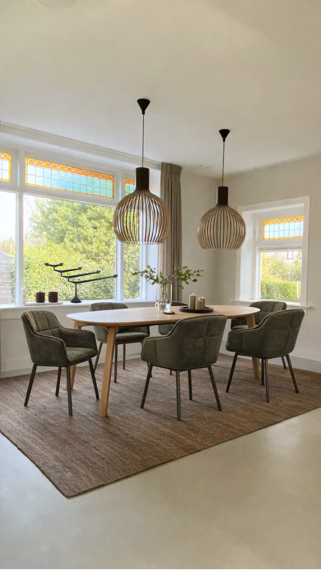 Eethoek eiken tafel met groene stoelen