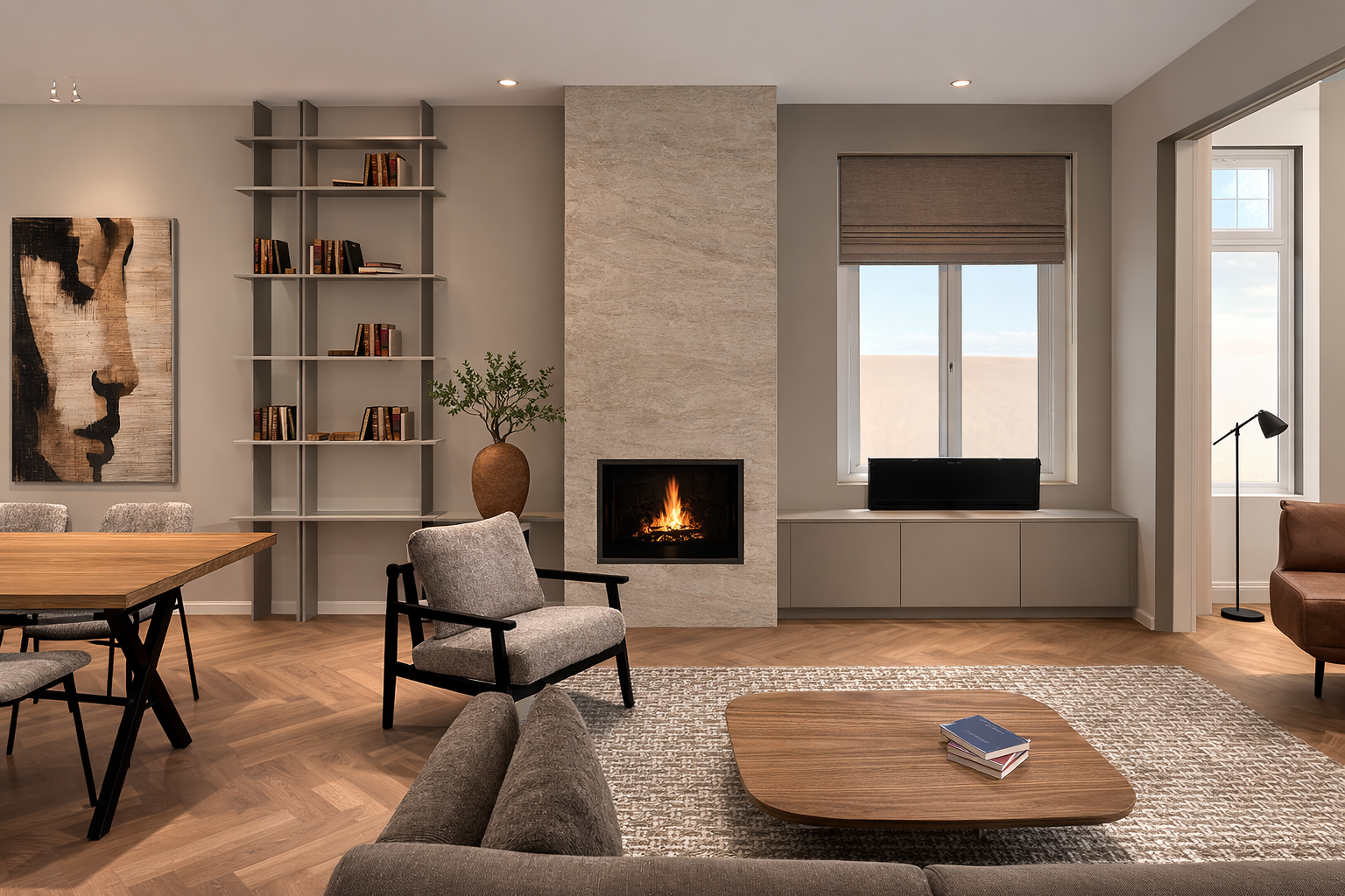 Moderne woonkamer met een stenen open haard, grijze planken, een eettafel en comfortabele zitjes op een houten vloer met visgraatmotief.