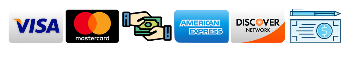 Logos for Visa, Mastercard, cash, American Express, Discover, and a check.