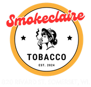 Logo for "Smokeclaire Tobacco, est. 2024" featuring a person smoking, stars, and red text on a pink circular background.