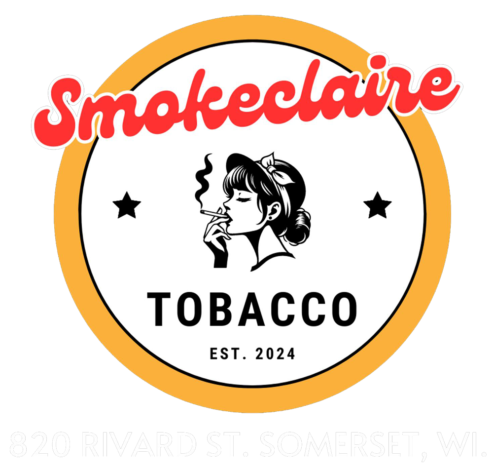 Logo for "Smokeclaire Tobacco, est. 2024" featuring a person smoking, stars, and red text on a pink circular background.