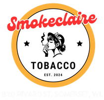 Logo for "Smokeclaire Tobacco, est. 2024" featuring a person smoking, stars, and red text on a pink circular background.