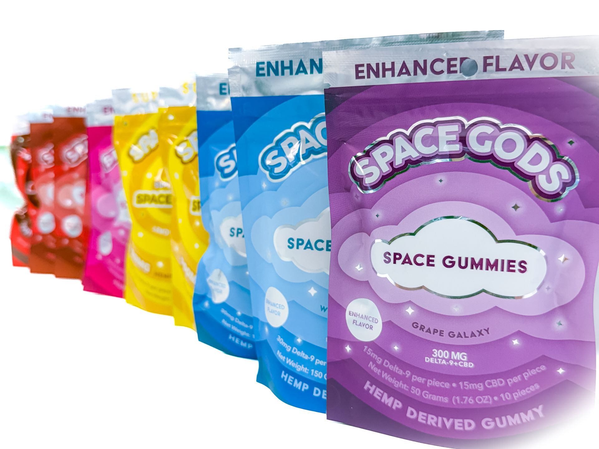 Four colorful bags of 