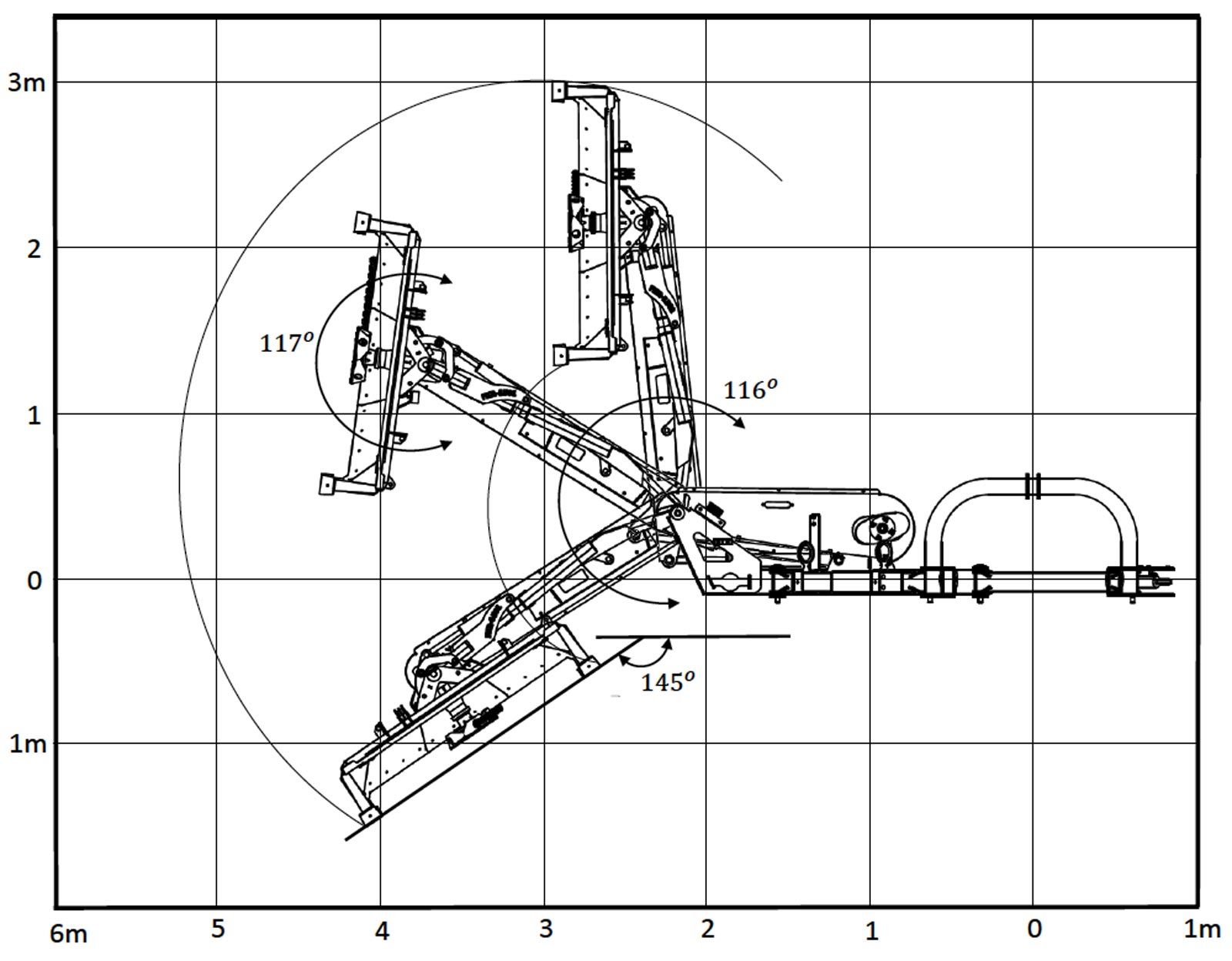 En sort/hvid tegning af en maskine på et grid.