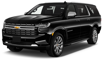 A black chevrolet suburban suv is shown on a white background.