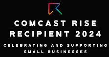 The logo for comcast rise recipient 2024 celebrating and supporting small businesses