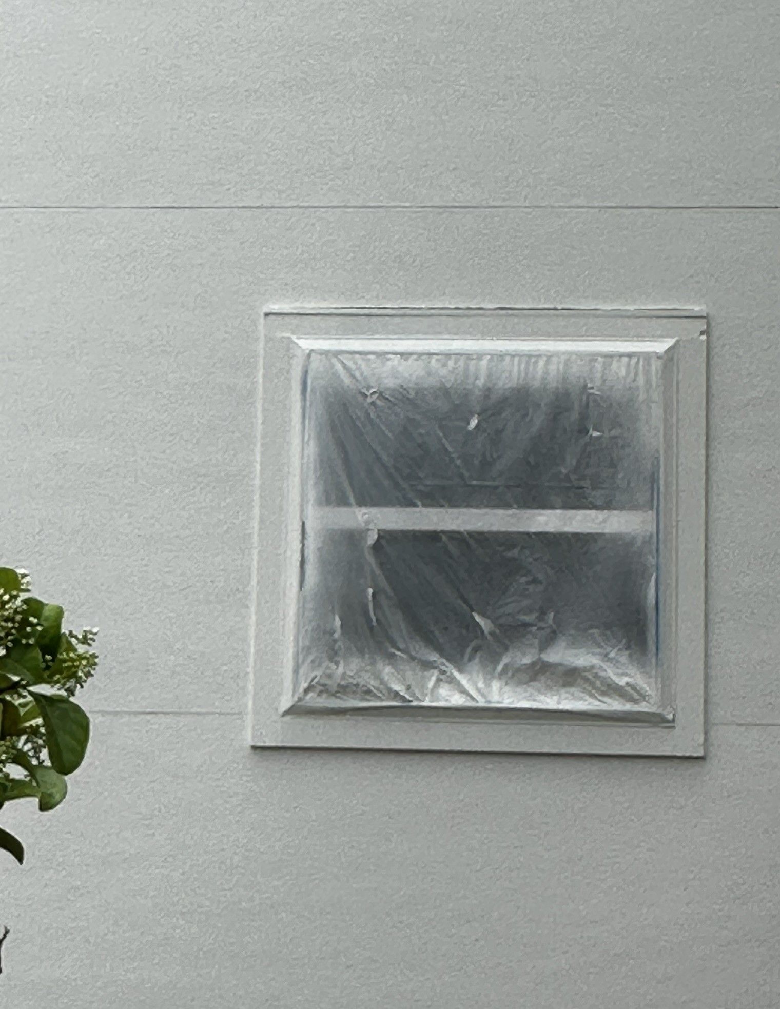 Square window covered in plastic on a light grey wall. A small plant is visible on the left side.