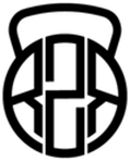 A black and white logo of a kettlebell with the letter p inside of it.