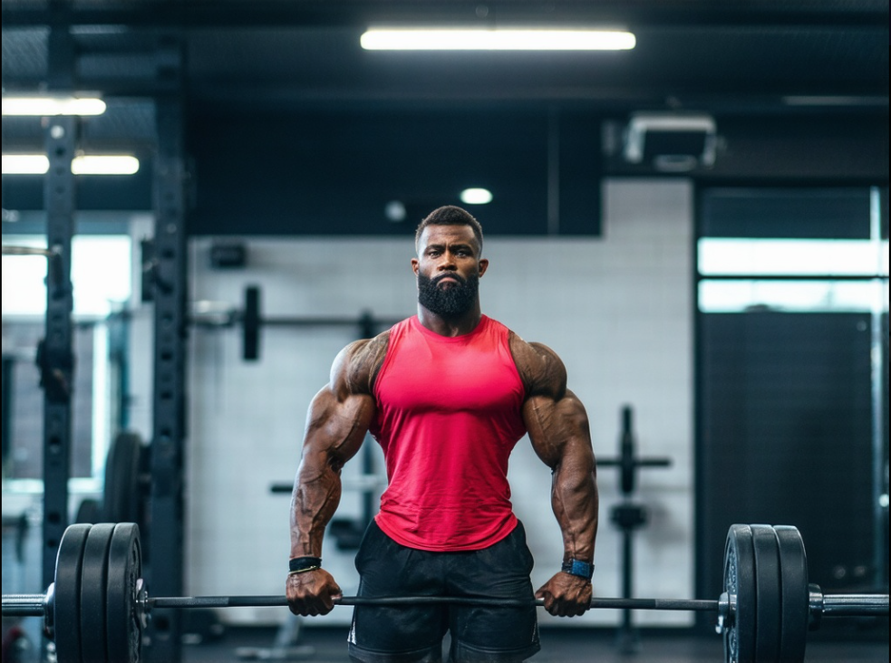 A man is lifting a barbell in a gym.