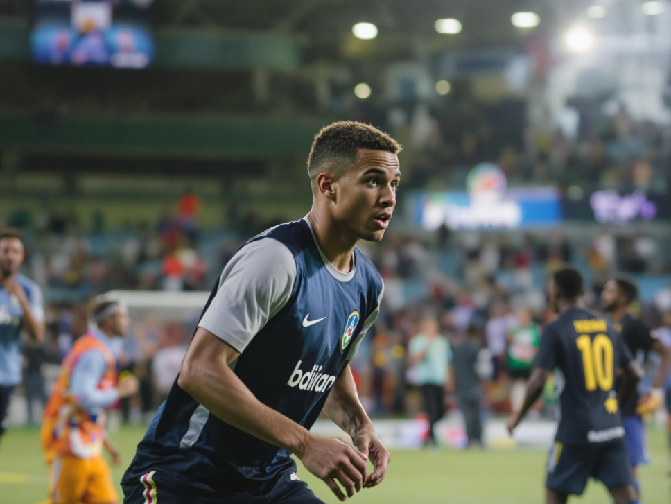 A soccer player in a blue jersey is running on the field.