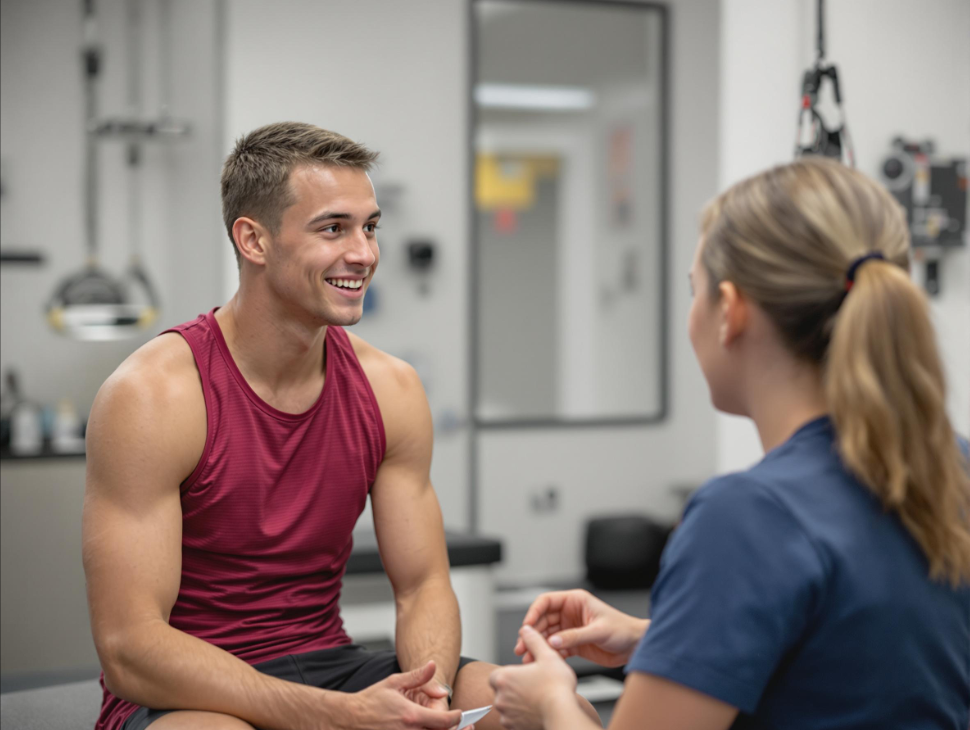 A physical therapist is bandaging a young athlete's arm in a gym.