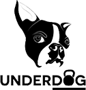 A black and white logo of a boston terrier with the word underdog below it.