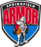A logo for springfield armor with a robot holding a basketball.