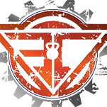 A red and white logo with a gear in the background.