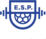 A blue and white logo for e.s.p. with a basketball in the middle.