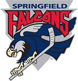 The springfield falcons logo is a falcon holding a hockey stick.