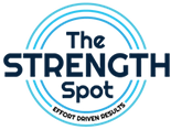 The strength spot logo is a blue and white circle with the words `` the strength spot '' written inside of it.