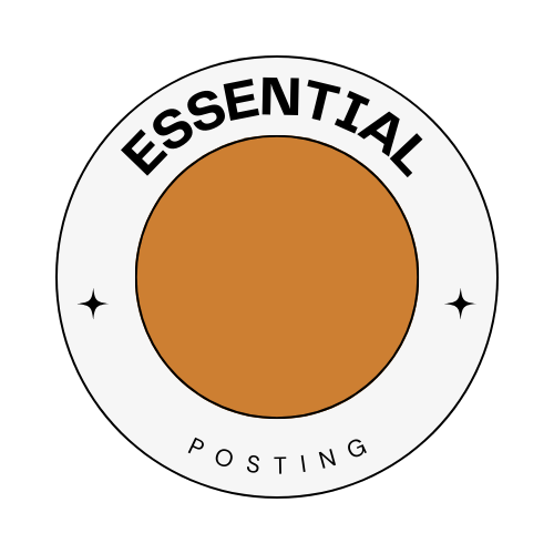 A brown circle with the words `` essential posting '' written inside of it.