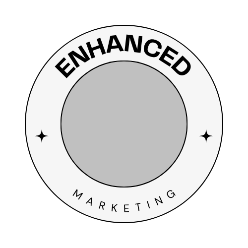 A black and white logo for enhanced marketing with a circle in the middle.