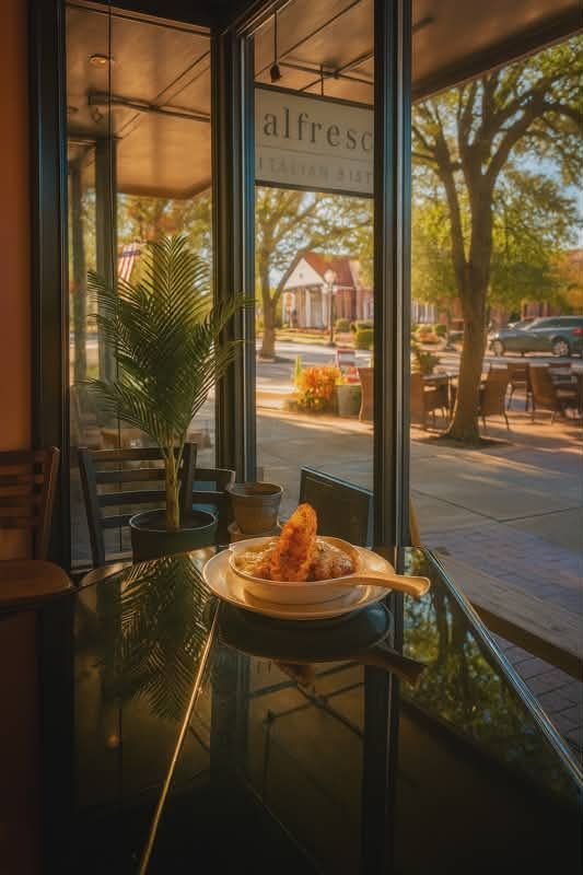 A bowl of pasta sits on a table by a window in a restaurant, overlooking a street with trees and buildings at sunset.